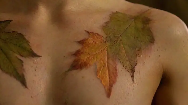 Torso humano con tatuajes de hojas realistas