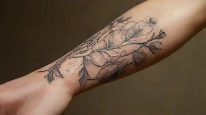 Tatuaje floral realista en antebrazo