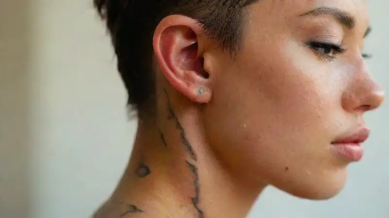 Detalle realista de piel y tatuaje en cuello