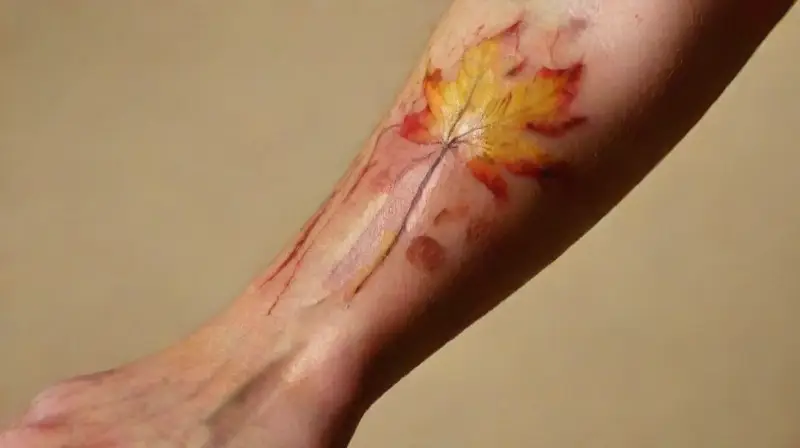 Tatuaje de hojas otoñales en antebrazo