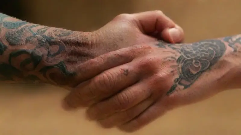 Manos entrelazadas con tatuajes culturales detallados