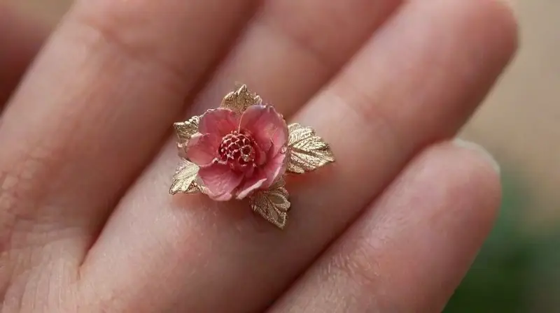 Mano sostiene flor y joya delicada