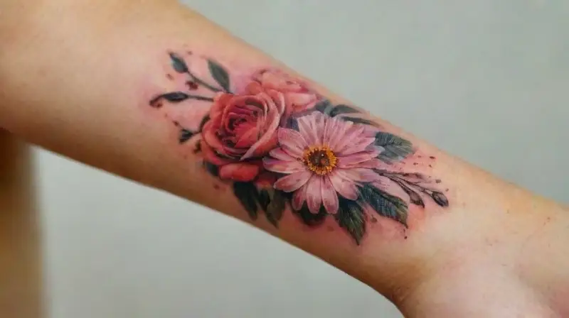 Tatuaje floral fresco en piel brillante